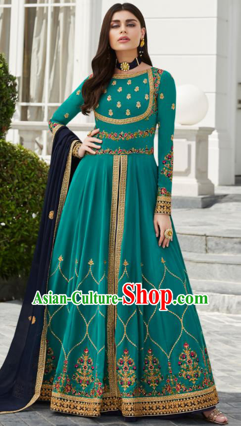 Asian Indian Bollywood Embroidered Green Georgette Dress India Traditional Anarkali Suit Costumes for Women