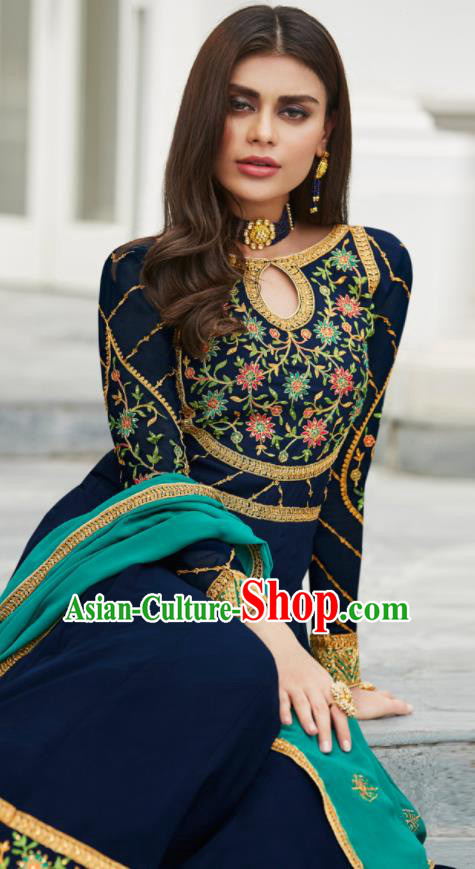 Asian Indian Bollywood Embroidered Navy Georgette Dress India Traditional Anarkali Suit Costumes for Women