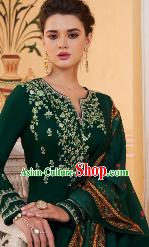 Asian Indian Embroidered Deep Green Muslin Blouse and Pants India Traditional Lehenga Choli Costumes Complete Set for Women