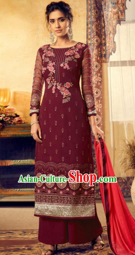 Asian Indian Punjabis Embroidered Wine Red Skirt and Blouse India Traditional Lehenga Choli Costumes Complete Set for Women