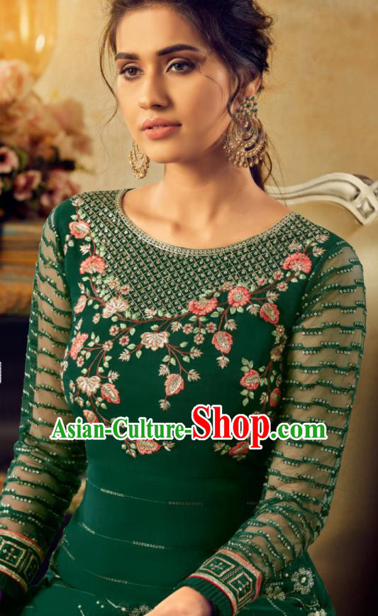 Asian Indian Punjabis Embroidered Deep Green Skirt and Blouse India Traditional Lehenga Choli Costumes Complete Set for Women