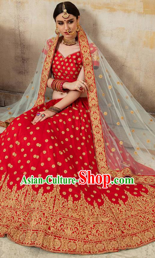 Asian Indian Bollywood Wedding Red Silk Dress India Traditional Bride Costumes for Women