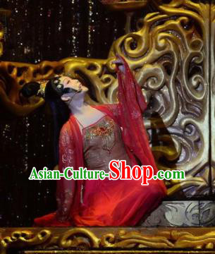 Chinese Zhaojun Chu Sai Ancient Court Princess Classical Dance Red Dress Stage Performance Costume and Headpiece for Women