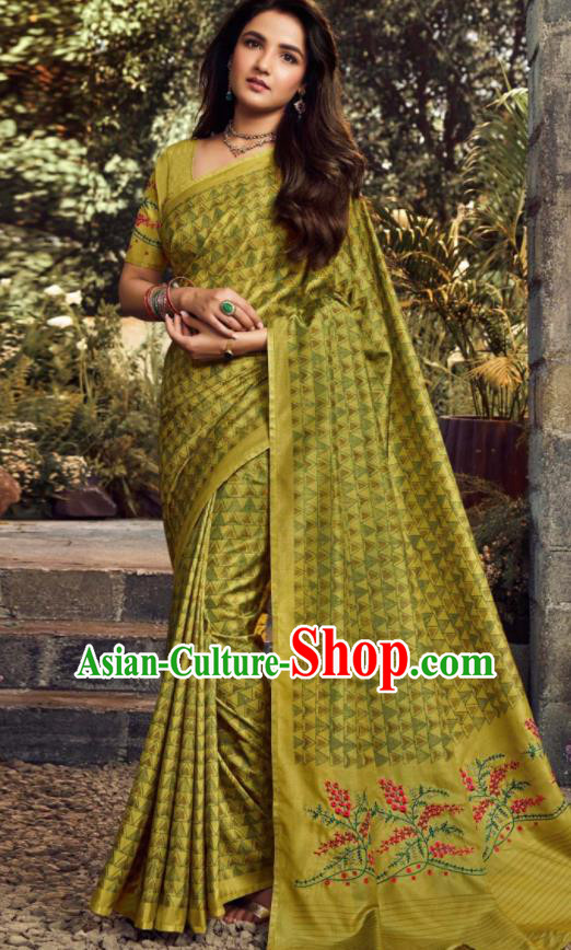 Asian India Traditional Sari Costumes Indian Bollywood Embroidered Olive Green Silk Dress for Women