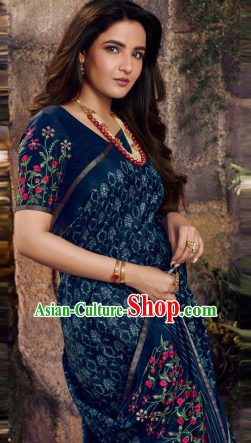 Asian India Traditional Sari Costumes Indian Bollywood Embroidered Navy Silk Dress for Women
