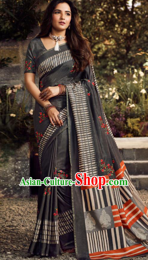 Asian India Traditional Sari Costumes Indian Bollywood Embroidered Grey Silk Dress for Women