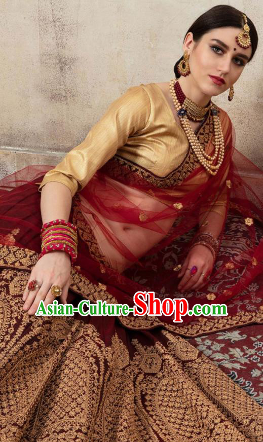 Asian Indian Bollywood Wedding Wine Red Silk Dress India Traditional Bride Lehenga Costumes for Women