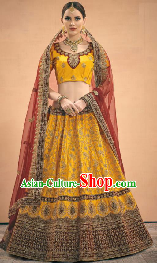 Asian Indian Bollywood Wedding Yellow Silk Dress India Traditional Bride Lehenga Costumes for Women