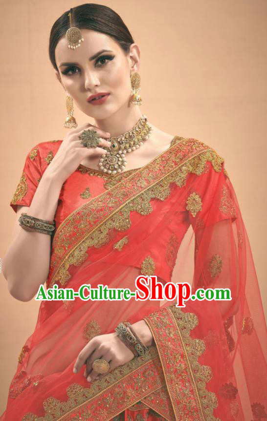Asian Indian Bollywood Wedding Embroidered Watermelon Red Silk Dress India Traditional Bride Lehenga Costumes for Women