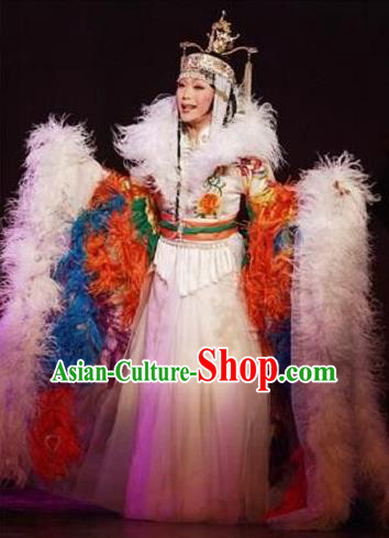 Chinese Zhaojun Chu Sai Ancient Court Queen Feather Dress Stage Performance Dance Costume and Headpiece for Women