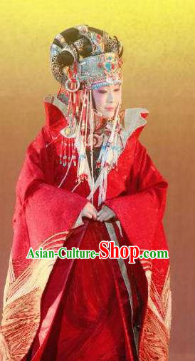 Chinese Zhaojun Chu Sai Ancient Court Queen Red Dress Stage Performance Dance Costume and Headpiece for Women