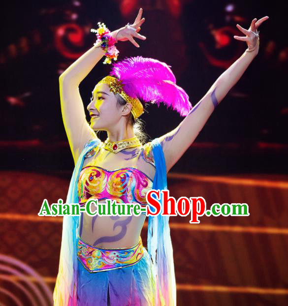 Chinese Phenix Dance In The Sky Classical Dance Colorful Dress Stage Performance Costume and Headpiece for Women