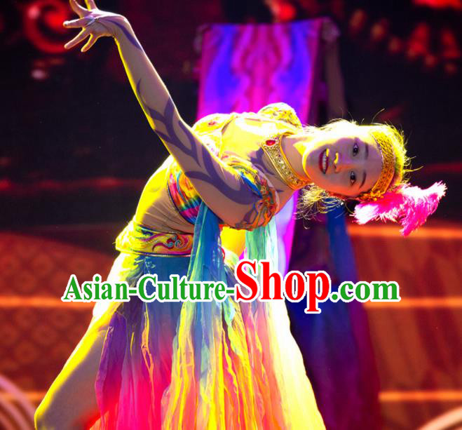 Chinese Phenix Dance In The Sky Classical Dance Colorful Dress Stage Performance Costume and Headpiece for Women