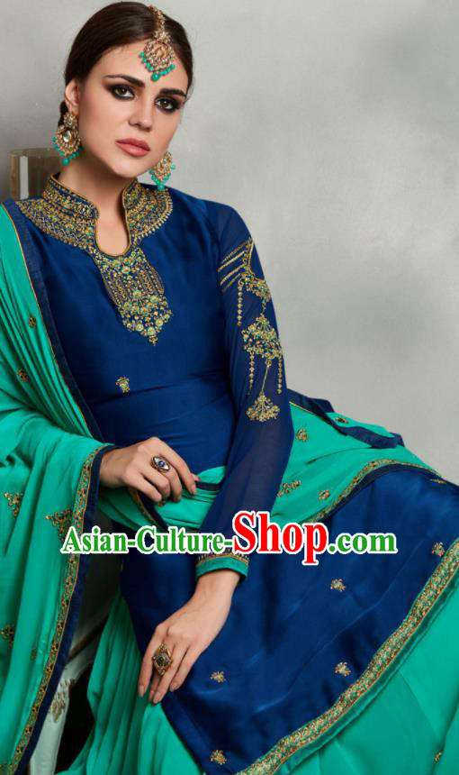 Asian Indian Punjabis Embroidered Royalblue Blouse and Green Skirt India Traditional Lehenga Choli Costumes Complete Set for Women