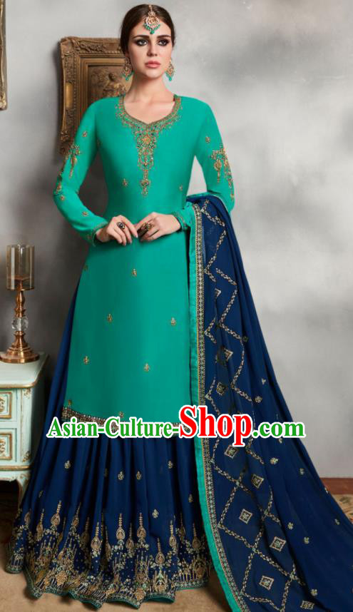 Asian Indian Punjabis Embroidered Green Blouse and Navy Skirt India Traditional Lehenga Choli Costumes Complete Set for Women
