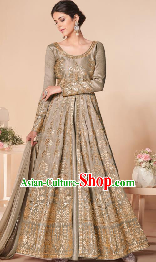 Asian Indian Lehenga Embroidered Grey Silk Blened Dress India Traditional Bollywood Court Costumes for Women
