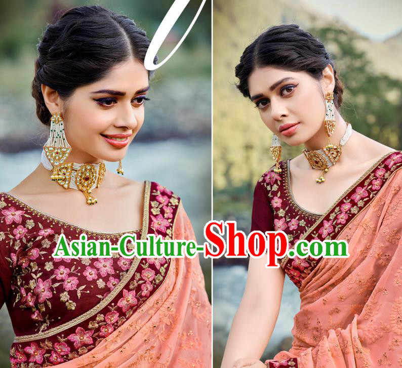 Asian Indian Embroidered Peach Pink Georgette Sari Dress India Traditional Bollywood Court Costumes for Women