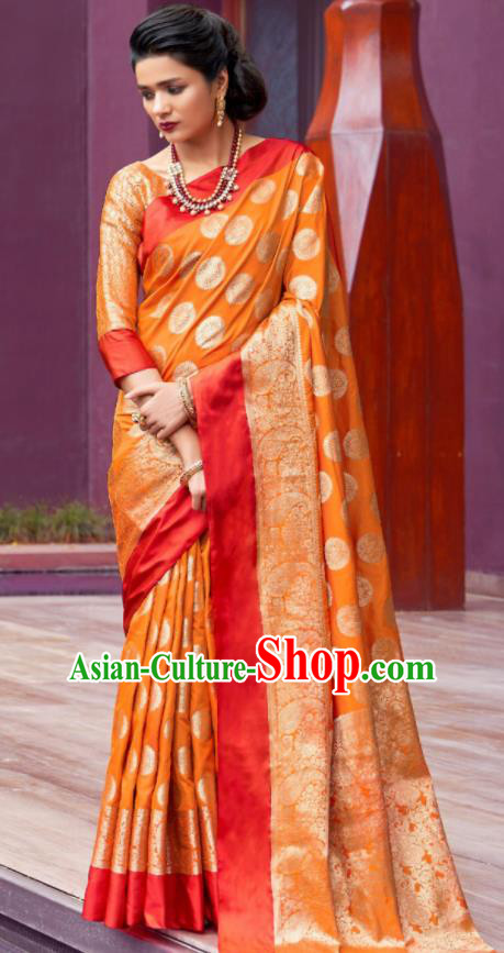 Asian Indian Festival Orange Silk Sari Dress India Bollywood Traditional Court Costumes for Women