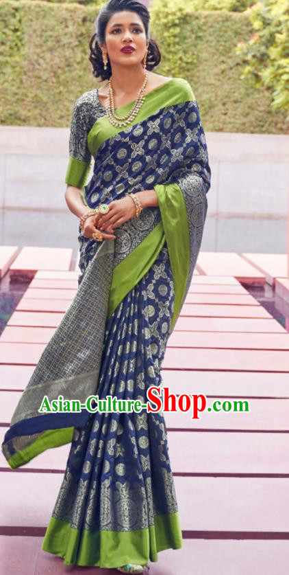 Asian Indian Festival Royalblue Silk Sari Dress India Bollywood Traditional Court Costumes for Women