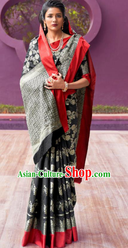 Asian Indian Festival Black Silk Sari Dress India Bollywood Traditional Court Costumes for Women