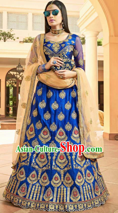 Asian Indian Bollywood Embroidered Royalblue Cotton Silk Dress India Traditional Festival Lehenga Court Costumes for Women