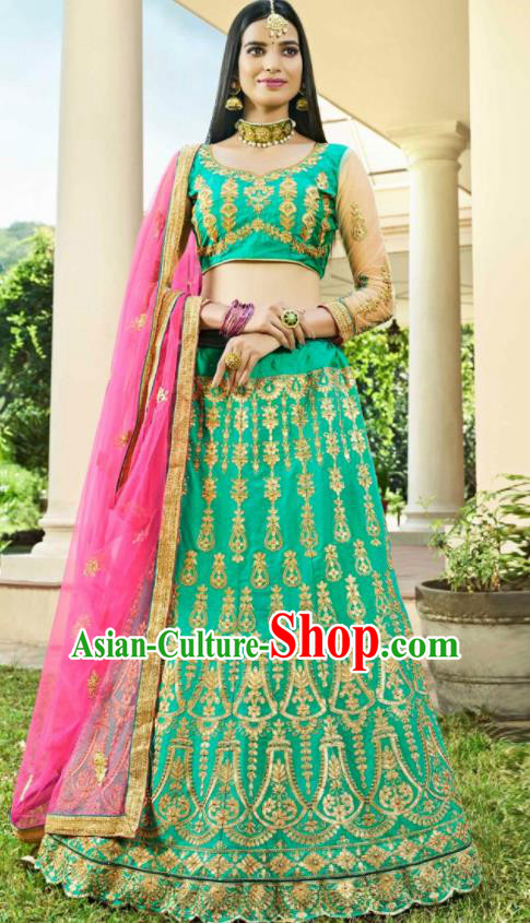 Asian Indian Bollywood Embroidered Light Green Cotton Silk Dress India Traditional Festival Lehenga Court Costumes for Women