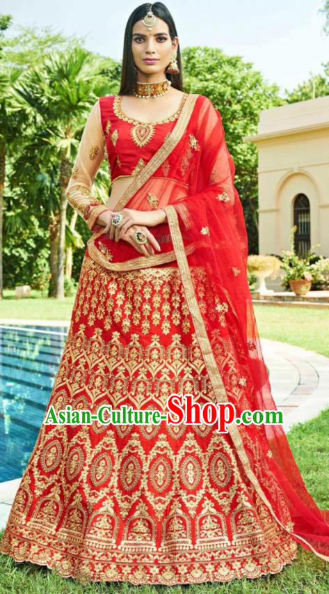 Asian Indian Bollywood Embroidered Wedding Red Cotton Silk Dress India Traditional Festival Lehenga Court Costumes for Women