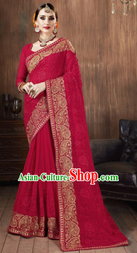 Asian Indian National Bollywood Wine Red Georgette Embroidered Sari Dress India Traditional Costumes for Women