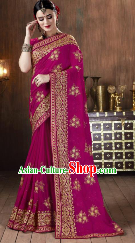 Asian Indian National Bollywood Purple Georgette Embroidered Sari Dress India Traditional Costumes for Women