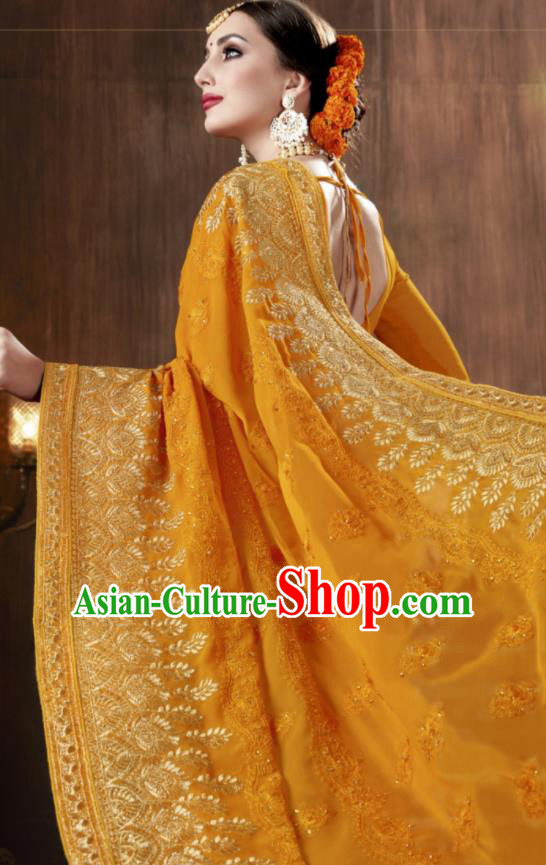 Asian Indian National Bollywood Orange Georgette Embroidered Sari Dress India Traditional Costumes for Women