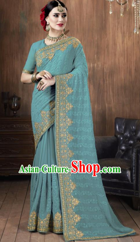Asian Indian National Bollywood Blue Georgette Embroidered Sari Dress India Traditional Costumes for Women