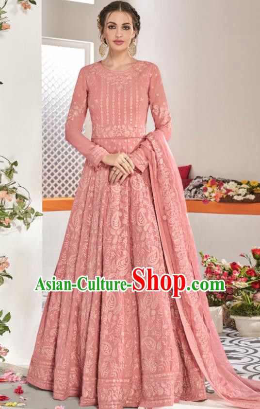 Asian Indian National Lehenga Bollywood Pink Georgette Embroidered Dress India Traditional Costumes for Women