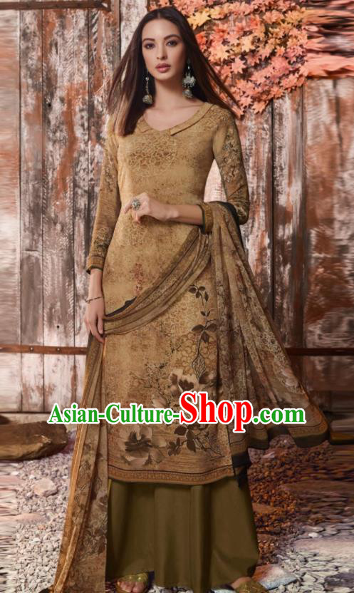 Asian Indian Traditional Printing Brown Crepe Blouse and Pants India Punjabis Lehenga Choli Costumes Complete Set for Women