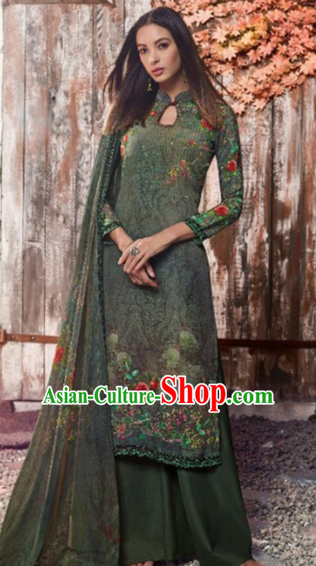 Asian Indian Traditional Printing Atrovirens Crepe Blouse and Pants India Punjabis Lehenga Choli Costumes Complete Set for Women