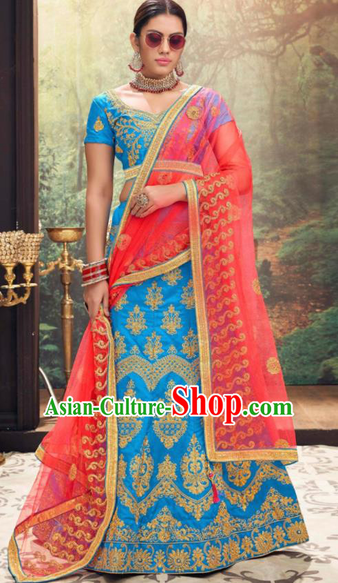 Asian Indian National Wedding Lehenga Blue Embroidered Dress India Bollywood Traditional Costumes for Women