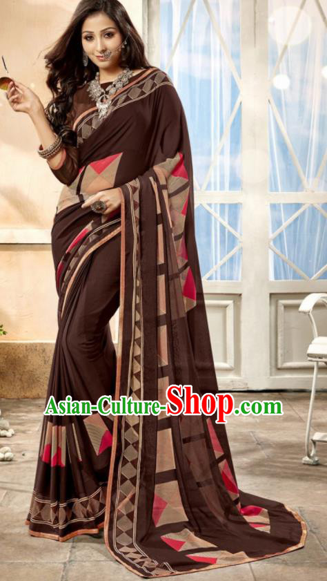Asian Indian National Lehenga Printing Brown Georgette Sari Dress India Bollywood Traditional Costumes for Women