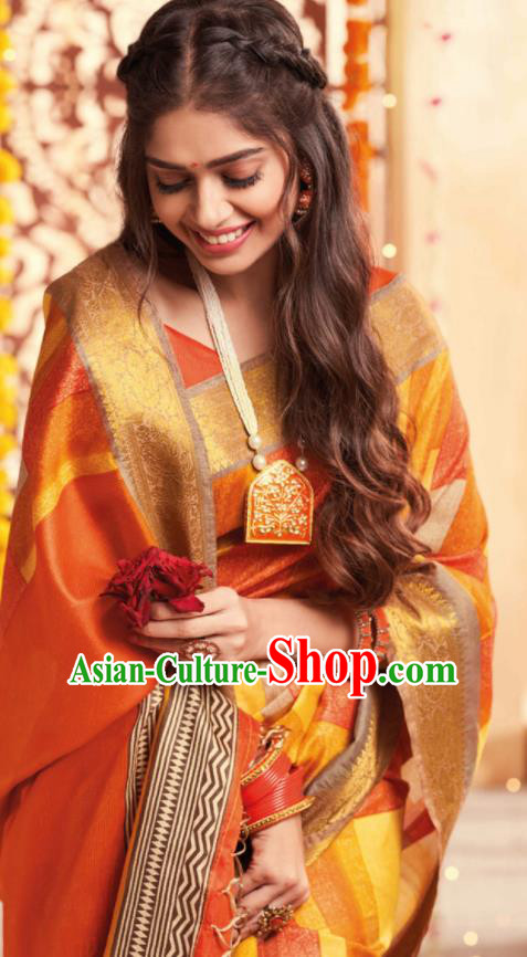 Orange Cotton Asian Indian National Lehenga Sari Dress India Bollywood Traditional Costumes for Women