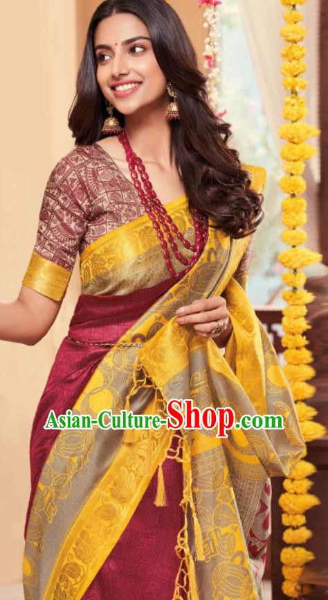 Wine Red Cotton Asian Indian National Lehenga Sari Dress India Bollywood Traditional Costumes for Women