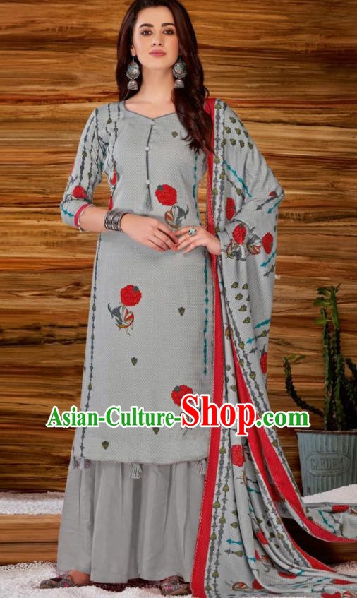 Asian Indian Bollywood Traditional Grey Pashmina Blouse and Pants India Punjabis Lehenga Choli Costumes Complete Set for Women