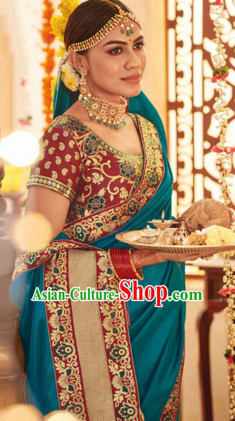 Asian Traditional Indian Festival Peacock Green Silk Sari Dress India National Lehenga Bollywood Costumes for Women