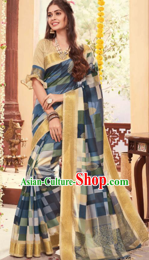 Asian Traditional Indian National Blue Cotton Sari Dress India Lehenga Bollywood Costumes for Women
