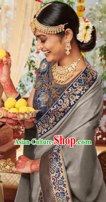 Asian Traditional Indian Festival Grey Silk Sari Dress India National Lehenga Bollywood Costumes for Women