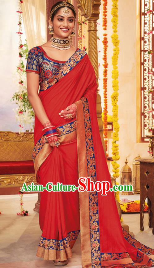 Asian Traditional Indian Festival Red Silk Sari Dress India National Lehenga Bollywood Costumes for Women