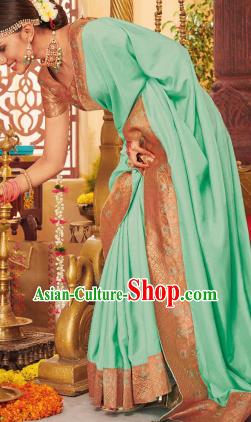Asian Traditional Indian Festival Green Silk Sari Dress India National Lehenga Bollywood Costumes for Women