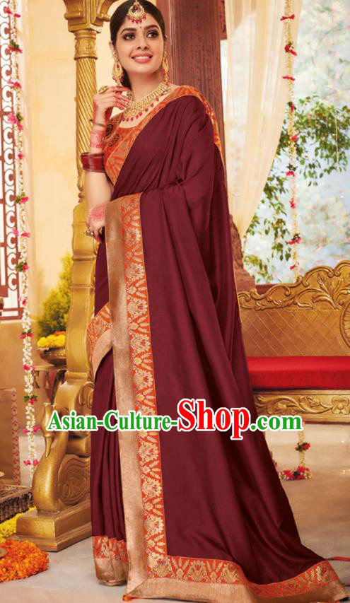 Asian Traditional Indian Festival Wine Red Silk Sari Dress India National Lehenga Bollywood Costumes for Women