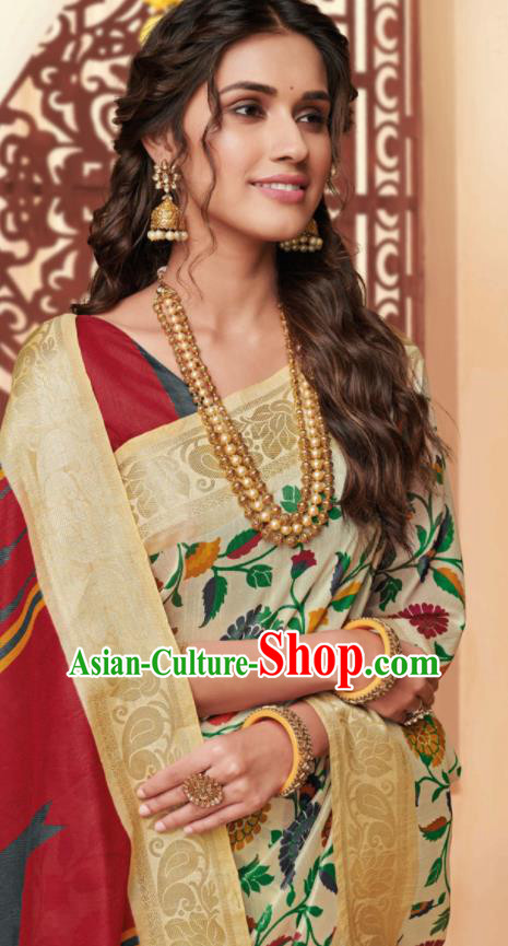 Asian Traditional Indian National Beige Cotton Sari Dress India Lehenga Bollywood Costumes for Women