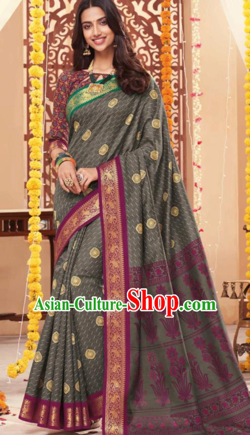 Asian Traditional Indian National Grey Cotton Sari Dress India Lehenga Bollywood Costumes for Women