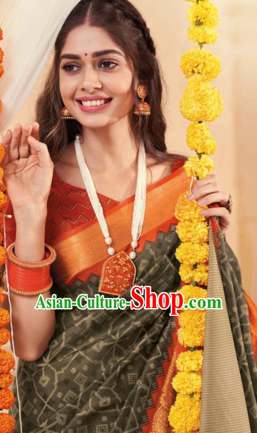 Asian Traditional Indian National Grey Black Cotton Sari Dress India Lehenga Bollywood Costumes for Women