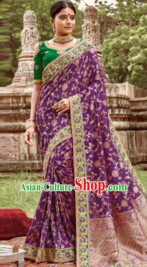 Asian Indian Bollywood Bride Embroidered Purple Sari Dress India Traditional Court Wedding Costumes for Women