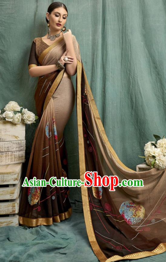 Asian Indian Bollywood Printing Deep Brown Chiffon Sari Dress India Traditional Costumes for Women